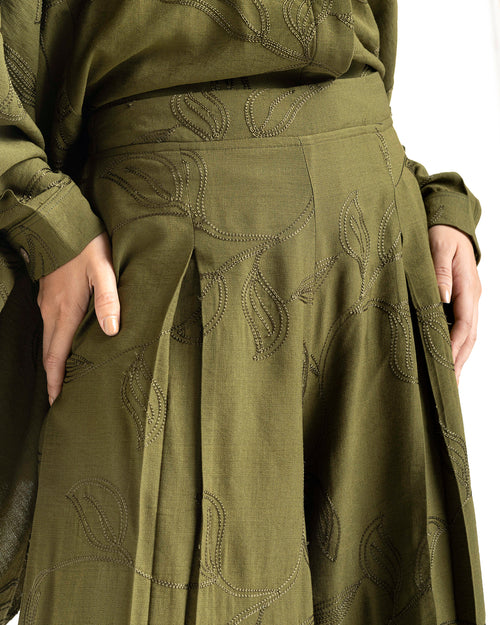 Embroidered Wide Leg Pants Olive