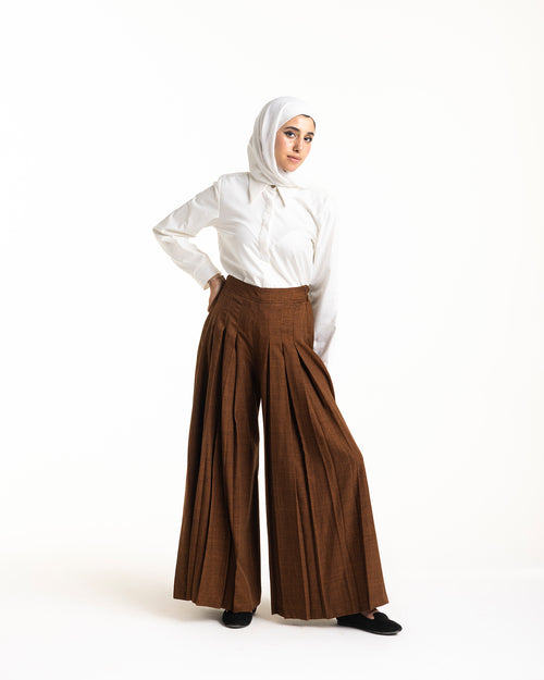 Linen Pleated Jupe Pantalon Brown