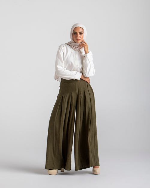 Linen Pleated Jupe Pantalon Olive